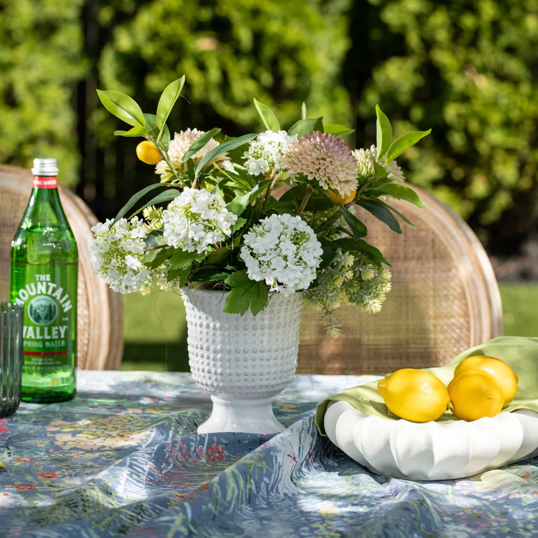DH Lemons, Sedum and Dahlia in Beaded Pedestal Vase - Image 2
