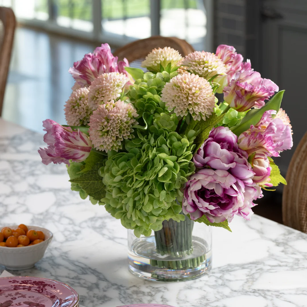 DH Pink Peony & Dahlia in Clear Glass Vase - Image 2
