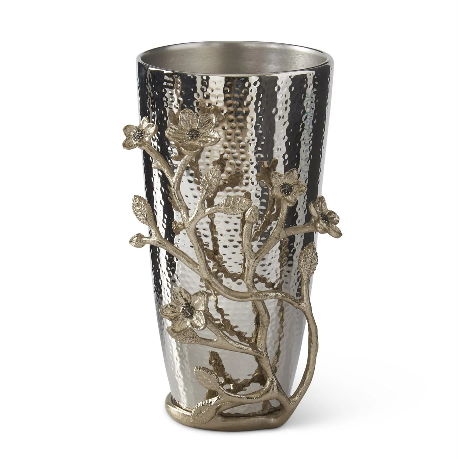 Hammered Metal Vase With Gold Floral Detail - Image 2