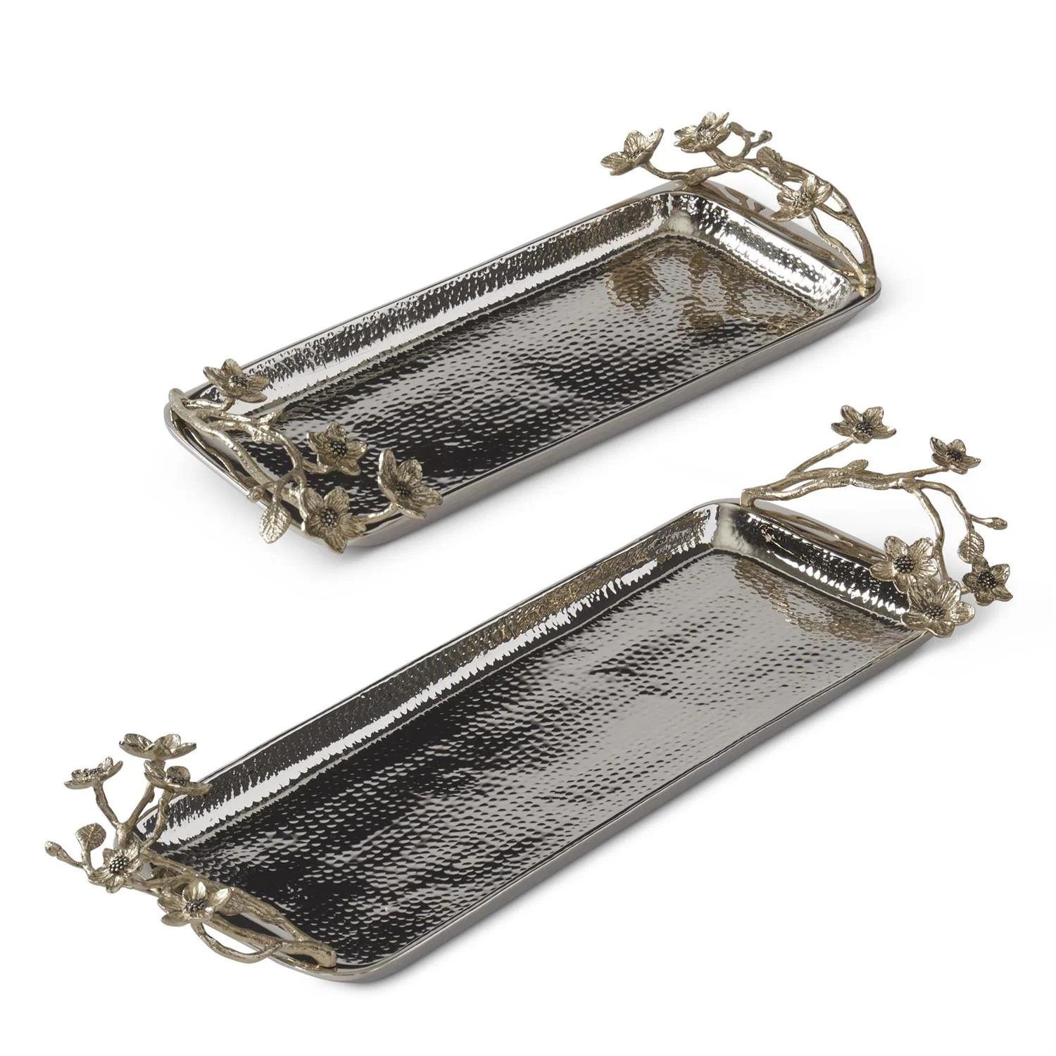 Set of 2 Hammered Metal Trays With Gold Floral Handles - Image 2